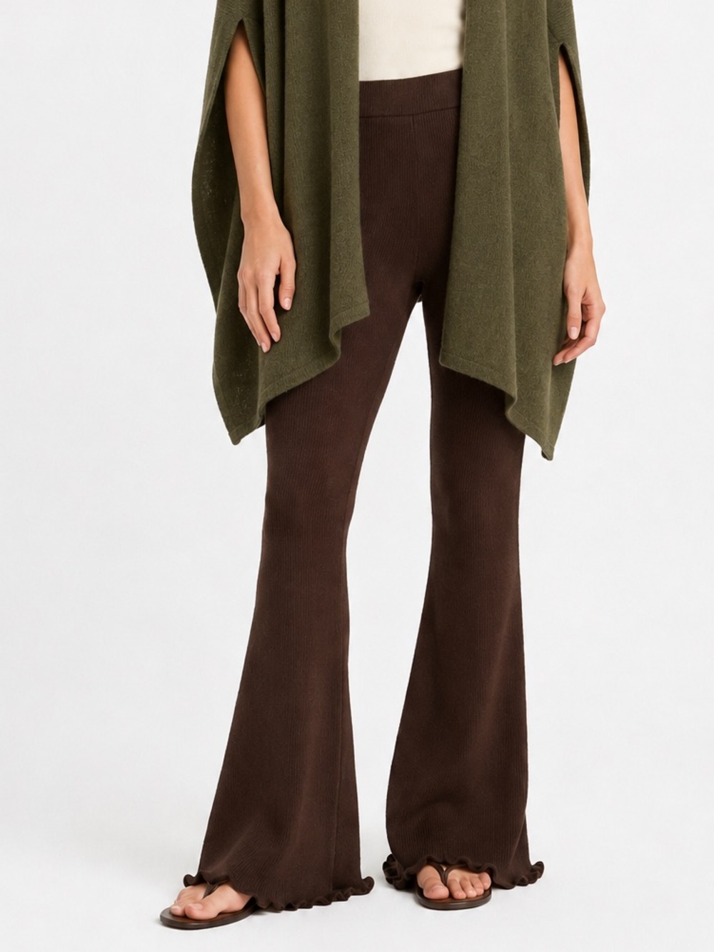 Mango Chocolate Brown Knit Flare Pants Wide Leg SMALL boho chic strechy NEW